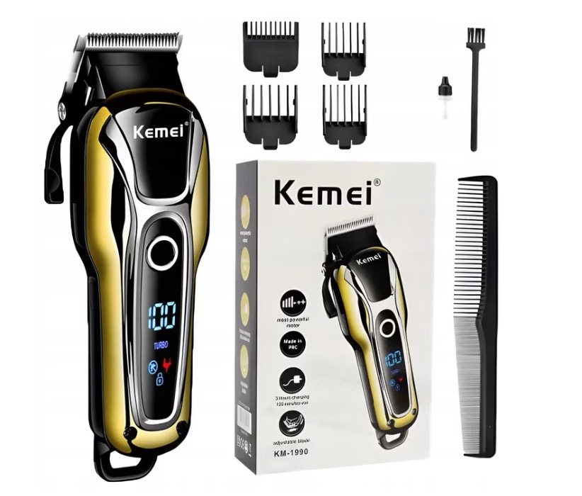 Aparat de tuns Kemei KM 1990 fara fir acumulator 2000 mAh display LCD lama inox
