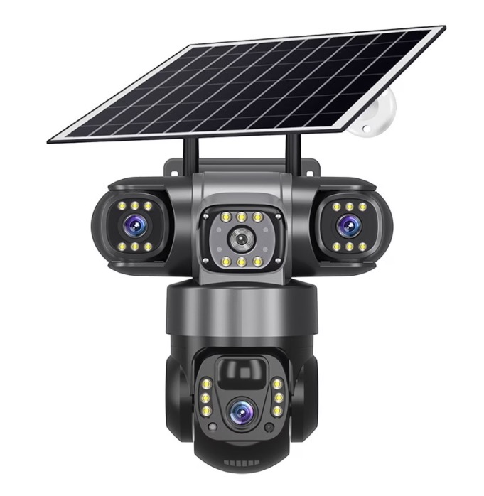 Camera de supraveghere video tripla cu panou solar si cartela SIM 4G de 6MP Full HD