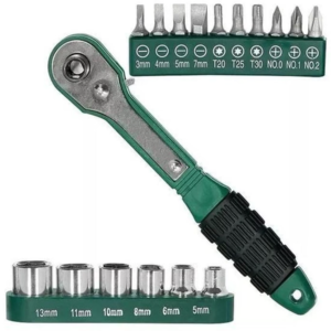 Cheie  8 piese tip clichet  maner VERDE  (10 biti si 6 tubulare 1/4 ) multifunctionala