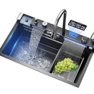 Chiuveta multifunctionala de bucatarie negru grafit cu 2 cascade robinet cascada afisaj digital temperatura 750x450