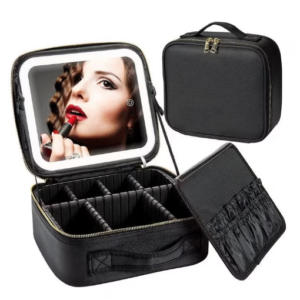 Geanta pentru cosmetice cu oglinda si lumina LED compartiment separat pentru pensule