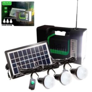 Kit solar GD-Lite 10 dotat cu dispozitive USB cu 3 becuri LED + Acumulator de mare capacitate + RADIO XL