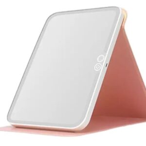 Oglinda Mica Roz Portabila Patrata cu LED pentru Machiaj si Suport Pliabil