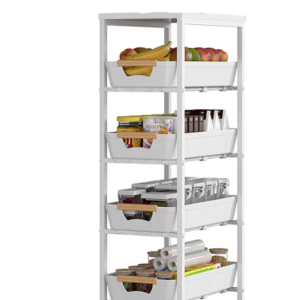 Organizator slim portabil cu 5 nivele 4 rafturi retractabile rotativ 360 1 polita din MDF ALB