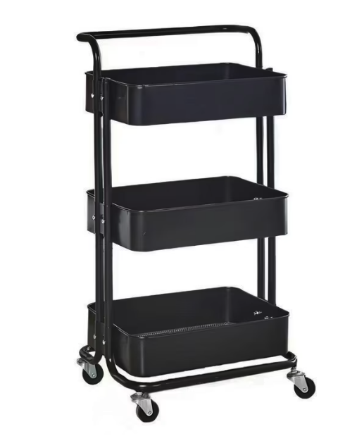 Raft portabil cu 3 nivele de depozitare maner pentru transportare din metal 45x37x82cm NEGRU