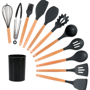 Set 12 Ustensile NEGRE antiaderente de Bucatarie din silicon cu maner de Bambus calitate PREMIUM