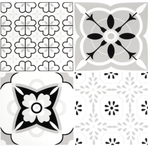 Set 12 placi autocolante din vinil 30 x 30 cm rezistente la apa model FLORAL ALB NEGRU DP0202