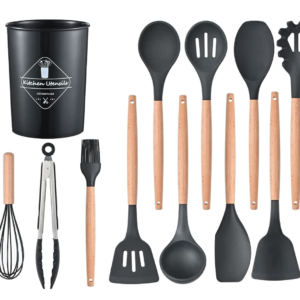 UB Set 12 ustensile de bucatarie Lemn/Silicon Negru