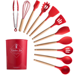 Set 12 ustensile de bucatarie Lemn/Silicon Rosu