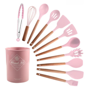 Set 12 ustensile de bucatarie Lemn/Silicon Roz