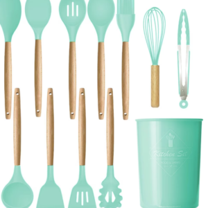 Set 12 ustensile de bucatarie Silicon/Lemn Verde