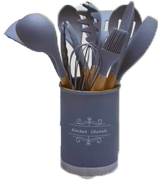 UB Set 12 ustensile de bucătărie cu mâner de lemn GRI