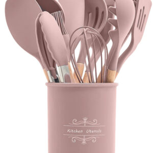 Set 12 ustensile de bucătărie cu mâner de lemn roz