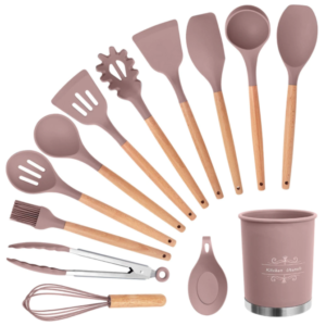 Set 13 Ustensile ROZ antiaderente de Bucatarie din silicon cu maner de Bambus calitate PREMIUM