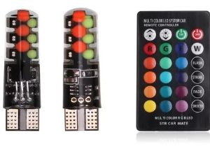 Set 2 Becuri LED RGB Auto Cu Telecomanda soclu T10 cu BILUTE/ 192 / w5w putere 2W