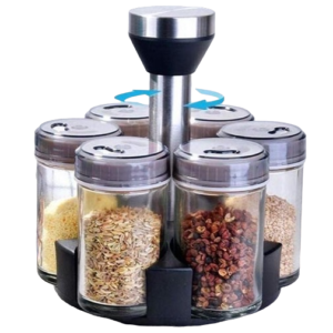 Set 6 x Recipiente pentru Condimente si Suport Rotativ 360 Negru-Argintiu