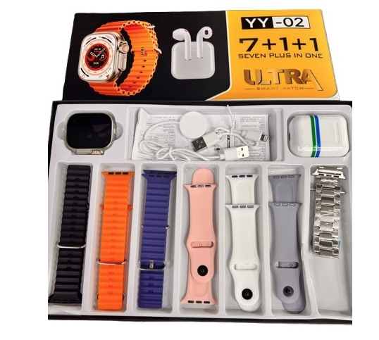 Set Cadou Smartwatch YY02 cu 7 Bratari incarcator Wireless si Casti Bluetooth