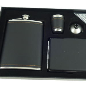 Set cadou format din 4 piese plosca palnie pahar tip shot si tabachera NEGRU SIMPLU