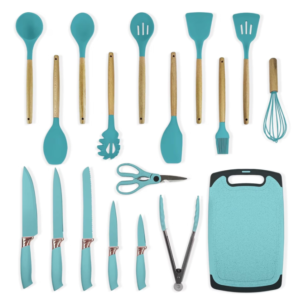 Set de 19 piese VERDE TURCOAZ ustensile de bucatarie cu tocator si suport depozitare inclus VERDE-TURCOAZ