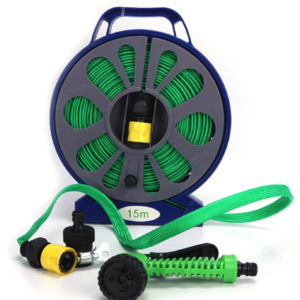 Set pentru stropit furtun textil flexibil 15m cu tambur pistol de pulverizat 7 in 1