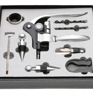 Set premium accesorii profesionale pentru vin in cutie de lemn 9 elemente kitul somelierului