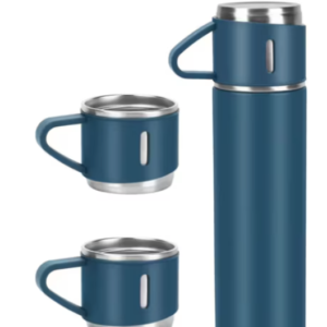 Set termos din inox cu 3 cesti 500ml sticla termoizolanta pentru bauturi fierbinti si reci ALBASTRU