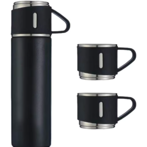 Set termos din inox cu 3 cesti 500ml sticla termoizolanta pentru bauturi fierbinti si reci NEGRU