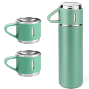 Set termos din inox cu 3 cesti 500ml sticla termoizolanta pentru bauturi fierbinti si reci VERDE