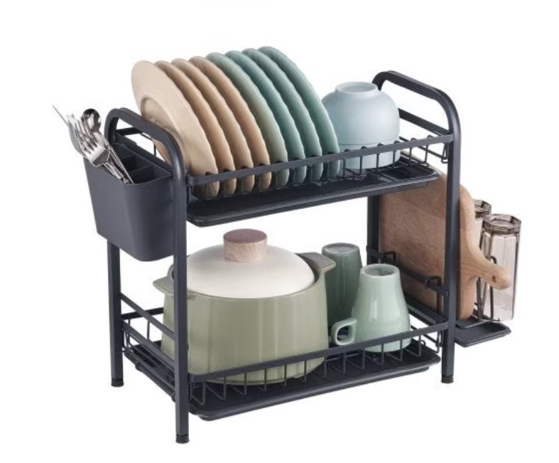 Suport pentru uscat vase 2 nivele si placuta de scurgere Negru