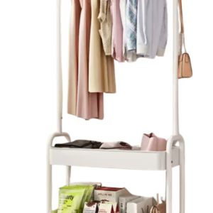 Suport portabil din otel carbon pentru umerase si haine 2 rafturi 2 carlige 4 rotile