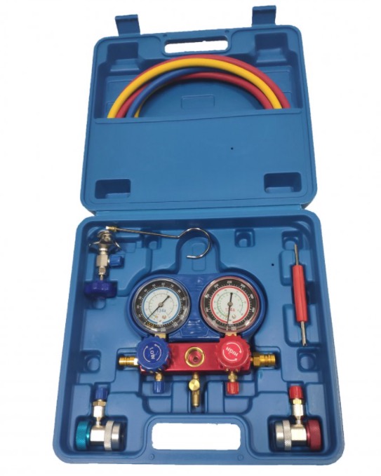 Trusa verificat AC cu 2 manometre 2 Robineti 2 mufe si 3 furtune 90cm pentru aer conditionat / Freon