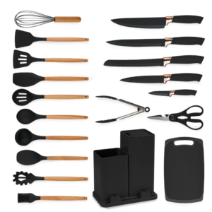 UB Set de 19 piese NEGRE ustensile de bucatarie cu tocator si suport depozitare inclus NEGRE