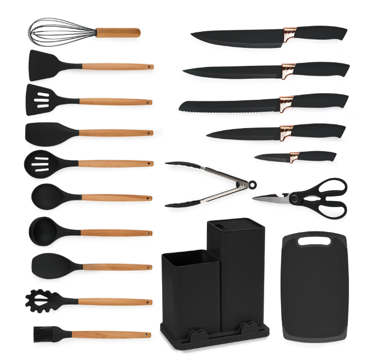 UB Set de 19 piese NEGRE ustensile de bucatarie cu tocator si suport depozitare inclus NEGRE