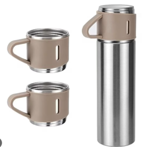 UB Set termos din inox cu 3 cesti 500ml sticla termoizolanta pentru bauturi fierbinti si reci bej