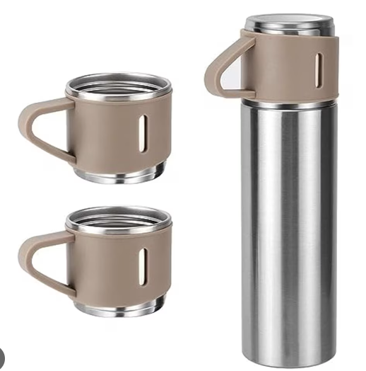 UB Set termos din inox cu 3 cesti 500ml sticla termoizolanta pentru bauturi fierbinti si reci bej